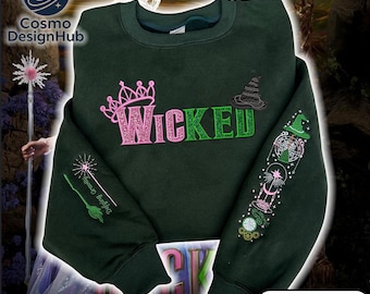 Shirt, Giltter Wicked Embroidered Sweatshirt, Defy Gravity Broomstick Magic Wand Hoodie, Wizard of Oz Movie, Gift For Her