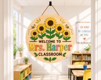 Personalized Sunflower Teacher Classroom Door Sign, Custom Teacher Name Sign, Back to School Classroom Decor, Wooden Sign for Teachers