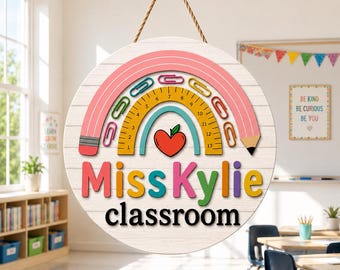 Personalized Teacher Classroom Door Sign, Rainbow School Door Hanger, Custom Teacher Name Sign, Classroom Decor, Back to School Gift