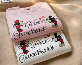 Valentine Magical Couple Embroidered Sweatshirt, Forever Sweethearts Embroidered Crewneck, Cute Mouse Couple Shirt