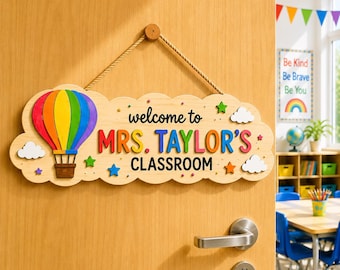Personalized Classroom Door Sign, Custom Teacher Name Sign, Hot Air Balloon Classroom Decor, Welcome School Sign, Teacher Door Hanger