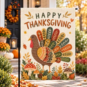 May include: A rectangular garden flag with a beige linen-like texture featuring the text HAPPY THANKSGIVING in brown. A central turkey illustration displays a colorful tail with patterned feathers in shades of orange, red, green, and yellow, surrounded by autumn leaves and mushrooms.