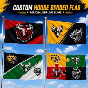 May include: Four custom house divided flags featuring various bull and wildcat logos. The top left flag is red and black with a bull emblem. The top right is yellow and black with bull and wildcat heads. The bottom flags show diagonal and puzzle designs.