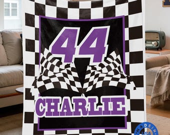 Personalized Race Car Blanket with Custom Name and Number, Racing Theme Throw Blanket, Birthday Gift for Kids Teens and Future Race Car Fans