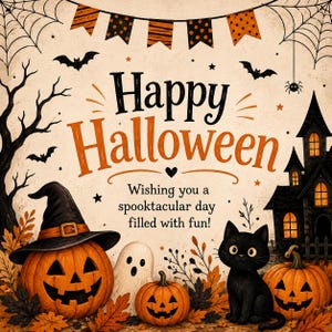 May include: A Halloween graphic featuring the text Happy Halloween and Wishing you a spooktacular day filled with fun. The design includes a jack-o'-lantern wearing a witch hat, a ghost, a black cat, a haunted house, bats, and spider webs.
