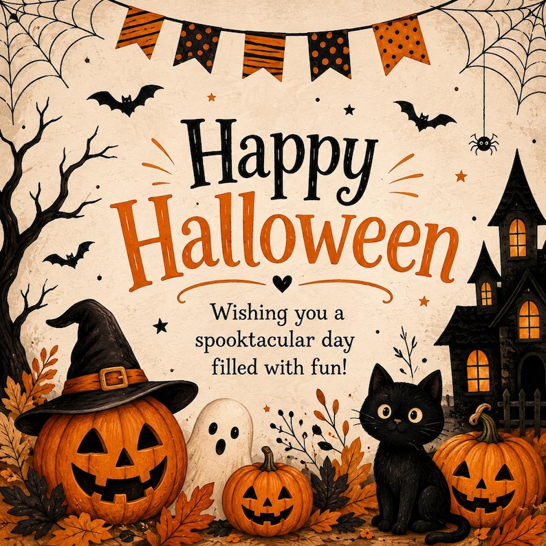 May include: A Halloween graphic featuring the text Happy Halloween and Wishing you a spooktacular day filled with fun. The design includes a jack-o'-lantern wearing a witch hat, a ghost, a black cat, a haunted house, bats, and spider webs.