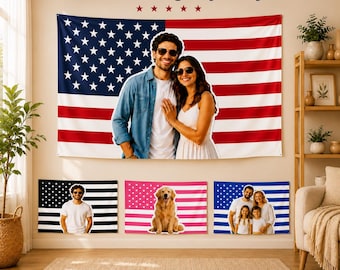 Custom American Flag Photo Tapestry, Personalized Image Wall Hanging, Patriotic Dorm & Bedroom Decor, Custom Memorial or Family Gift