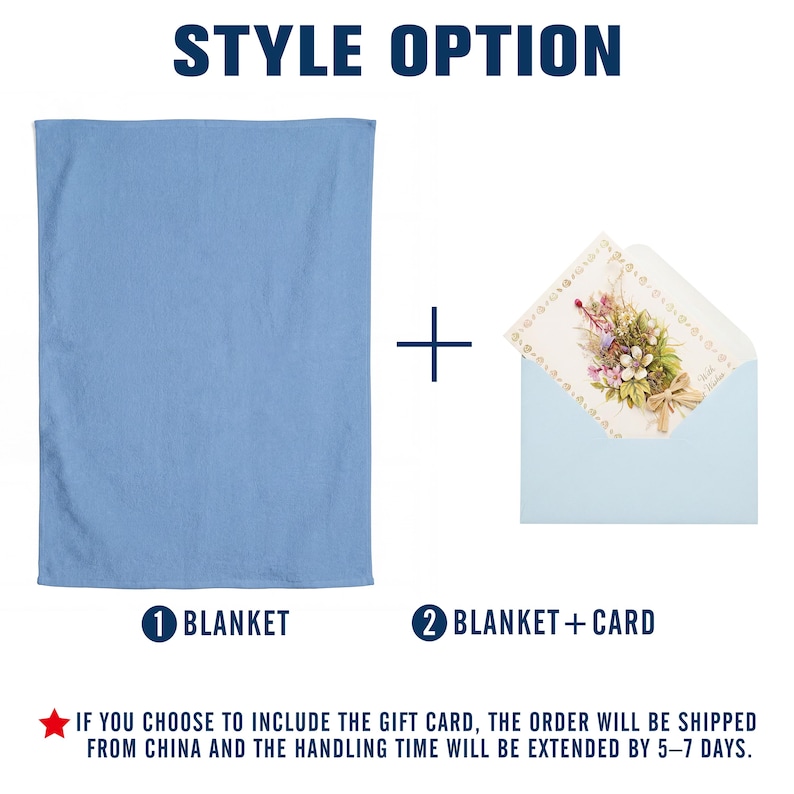 May include: A light blue rectangular blanket and a greeting card with a floral bouquet illustration and a light blue envelope. The text STYLE OPTION appears at the top, with 1 BLANKET and 2 BLANKET + CARD labels below the respective items.