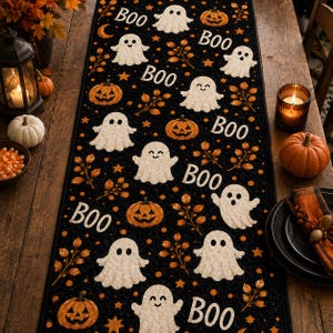 May include: A black fabric table runner featuring a repeating pattern of white ghosts, orange jack-o'-lanterns, small stars, and autumn leaves. The word BOO is printed in white capital letters throughout the design, which has a quilted texture.