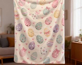 Cute Easter Bunny  Eggs Throw Blanket Soft Lightweight Plush Flannel Yellow Cozy Anti-Pilling Blanket for Kids Babies, Girls Gift Home Decor