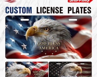 May include: Custom license plates featuring an American flag design with an eagle and the text "GOD BLESS AMERICA." The plates are white with a glossy finish and include the text "YOUR TEXT" on one plate. The plates are made in the USA.