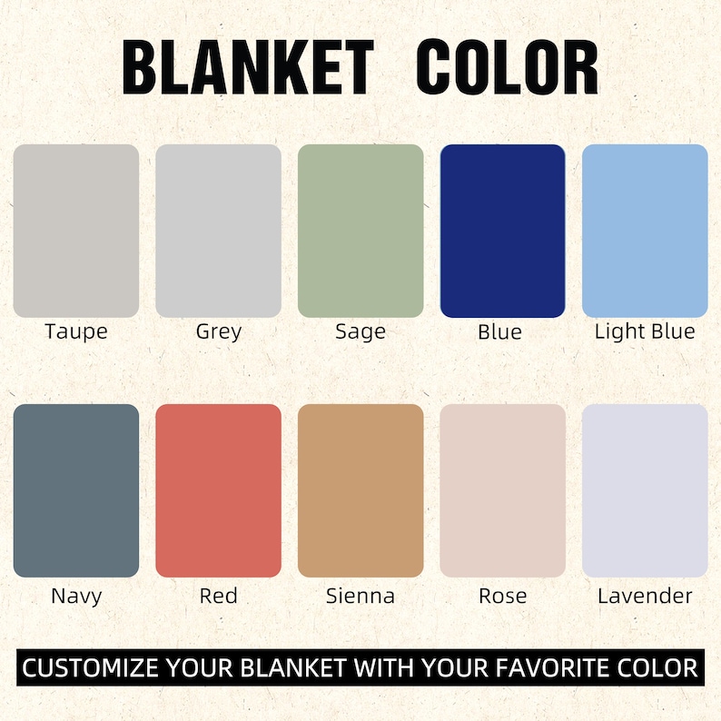 May include: A color chart titled BLANKET COLOR displaying ten rectangular swatches labeled Taupe, Grey, Sage, Blue, Light Blue, Navy, Red, Sienna, Rose, and Lavender. The bottom text reads CUSTOMIZE YOUR BLANKET WITH YOUR FAVORITE COLOR.