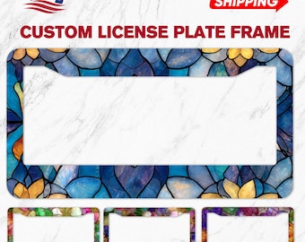 License Plate Frame Stained Glass Hydrangea Floral Car Accessory Custom Vehicle Plate Holder Dashboard Decor Gift for Car Enthusiasts