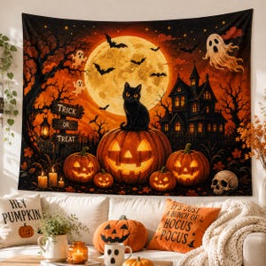 May include: A rectangular wall tapestry featuring a Halloween scene with a black cat sitting on a large jack-o'-lantern, a haunted house, a full moon, bats, ghosts, and a sign that reads Trick Or Treat, set against an orange and black background.