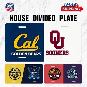 May include: A set of license plates with team logos. The top plate is split, with "Cal Golden Bears" on the left and "Sooners" on the right. Below are plates with "Monkey King FC", "XUNYI Football Club", "Miami", and "Timberwolves" logos. The plates are labeled "House Divided Plate".