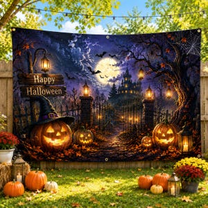 May include: A large rectangular Halloween backdrop banner featuring a spooky night scene with a haunted castle, glowing jack-o'-lanterns, a witch hat, and a wooden sign that reads Happy Halloween, all printed on a fabric material with metal grommets.