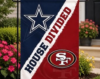 Custom House Divided Garden Flag, Personalized Football Rival Team Flag, Sports Fan Garden Flag, Front Porch Outdoor Decor, Game Day Gift