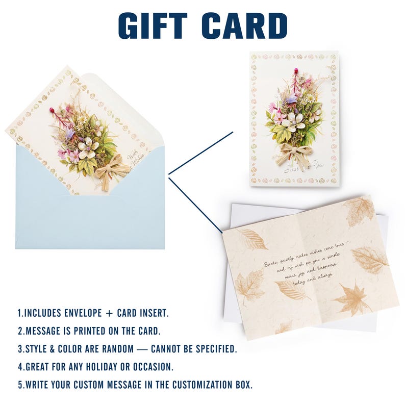 May include: A greeting card set featuring a light blue envelope and a cream-colored card with a floral bouquet illustration, a beige ribbon, and a border of small leaves. The interior displays gold-toned leaf patterns and printed cursive text.