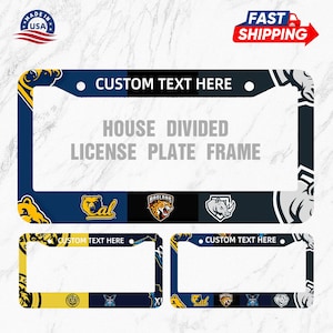 May include: License plate frames in navy blue, yellow, and white, with the text "CUSTOM TEXT HERE" and "HOUSE DIVIDED LICENSE PLATE FRAME." Features team logos and the words "MADE IN USA" and "FAST SHIPPING."