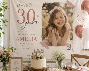 Personalized Birthday Photo Backdrop | Custom Birthday Banner | Photo Tapestry | Any Age Birthday Party Decor | Photo Booth Backdrop