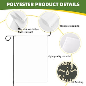 May include: A white garden flag on a black metal stand with circular callouts highlighting product features including machine washable, fade resistant fabric, a flagpole opening, high quality material, and HD printing text.