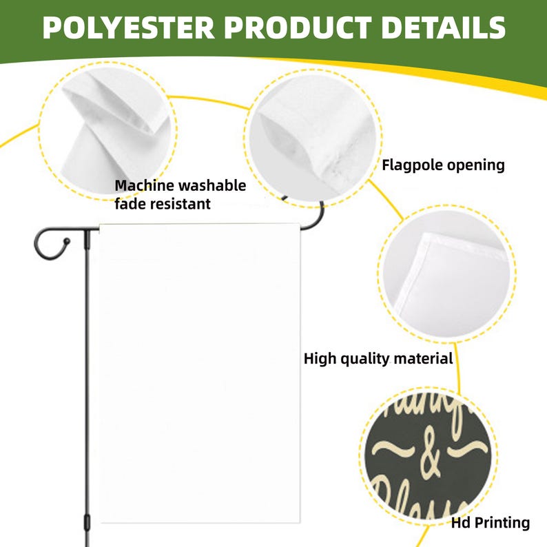 May include: A white garden flag on a black metal stand with circular callouts highlighting product features including machine washable, fade resistant fabric, a flagpole opening, high quality material, and HD printing text.