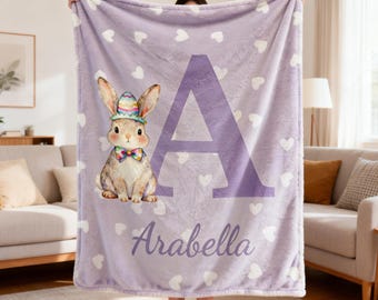 Personalized Baby’s First Easter Blanket, Custom Name & Initial Throw, Kids Bunny Rabbit Easter Gift, Baby Boy Cozy Soft Flannel  Blanket
