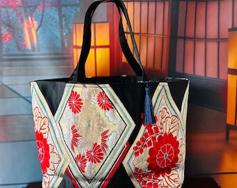 Vintage Kimono Fabric Tote Bag | Red Chrysanthemum, Gold Brocade