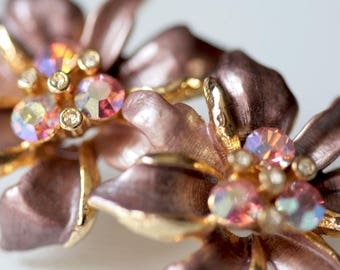 Vintage Purple and Gold Enamel Flower Gold Clip Earrings