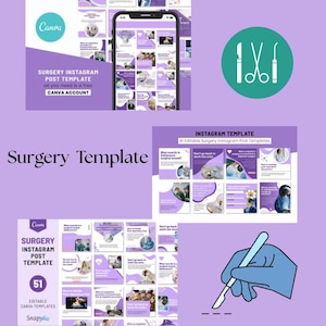 以下が含まれることがあります： 手術に関するInstagram投稿用のデジタルテンプレート。スマートフォンモックアップ、医療イラスト、テキスト「Surgery Instagram Post Template」が含まれています。デザインには、Canvaのロゴとともに、紫と白の要素が使用されています。