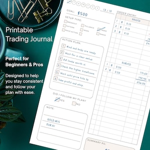 May include: A printable trading journal with a teal background. The journal includes sections for order entry, action plans, and goal setting. Text on the journal reads "Perfect for Beginners & Pros" and "Designed to help you stay consistent and follow your plan with ease."