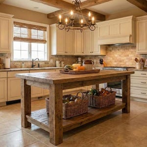 May include: A rustic kitchen with cream-colored cabinets, a wooden island, and a stone backsplash. The island features a lower shelf with two wicker baskets filled with produce. A chandelier hangs above the island, illuminating the space.
