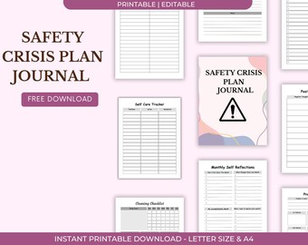 May include: A printable safety crisis plan journal with various pages, including a self-care tracker, cleaning checklist, and monthly self-reflections. The journal cover features the text "SAFETY CRISIS PLAN JOURNAL" with an exclamation point symbol.
