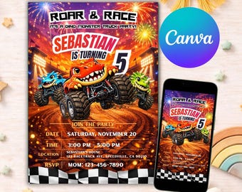 Dino Monster Truck Birthday Invitation Editable Template, Dinosaur Monster Truck Party Invite Printable Boy Birthday Invitation Download B36