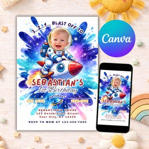 Add Photo Space Birthday Invitation Template, Astronaut Birthday Invite Editable Canva 1st Birthday Invitation Rocket Space Party Invite B72