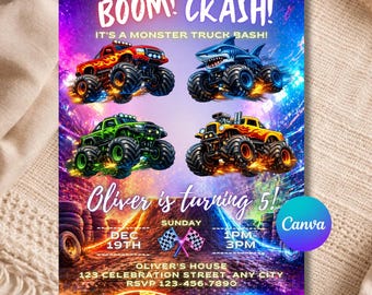 Monster Truck Birthday Invitation, Monster Jam Party, Editable Truck Birthday, Race Car Birthday Invitation Template Boy Party Invite  B119