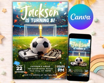 Soccer Birthday Invitation Editable Canva Template, Football Birthday Kids, Sports Birthday Invite Boy, Soccer Party Instant Download B46