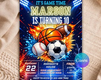 Sports Birthday Invitation Template Editable Basketball Soccer Baseball Football Party Invite Printable Canva B126