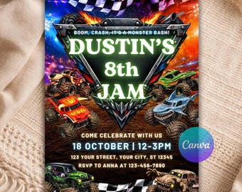 Monster Truck Birthday Invitation, Editable Canva Monster Truck Invitation Template, Monster Jam Birthday Invite B135