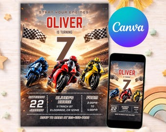 Motorcycle Birthday Invitation Boy, Racing Bike Party Invite, MotoGP Inspired Superbike Canva Template, Kids Birthday Invite Digital B100