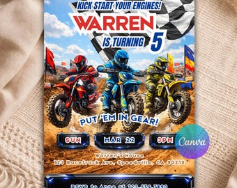 Dirt Bike Birthday Invitation Template, Motocross Birthday Party Invite, Editable Canva Racing Invitation, Printable Dirt Bike Party B58