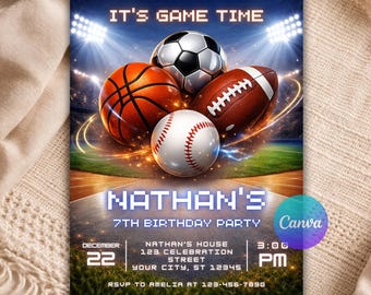 Sports Birthday Invitation Template, Editable Boys Birthday Invite, All Star Game Party, Soccer Basketball Football Baseball Birthday B117