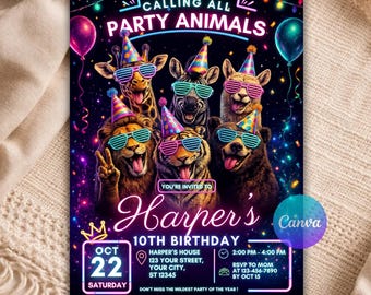 Party Animals Birthday Invitation Template, Neon Glow Kids Birthday Invite, Editable Canva, Fun Animal Party Invite, Instant Download B144