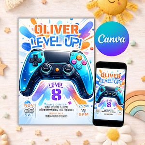 Plantilla editable de Canva para invitación de cumpleaños de videojuegos, invitación para fiesta de gamers de nivel superior, invitación para control de juegos para niños B60