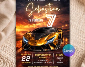 Race Car Birthday Invitation Editable Canva Template, Supercar Birthday, Sports Car Party Invitation, Boys Car Birthday Digital Invite B84