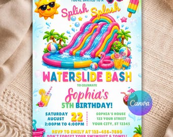 Water Slide Birthday Invitation, Pool Party Invitation, Girl Splish Splash Waterslide Bash Invite, Summer Birthday Template  B139