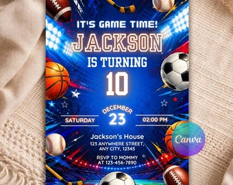 Sports Birthday Invitation Template, Editable Sports Invite, Boys Birthday Party Invite, All Star Canva Digital Download B125