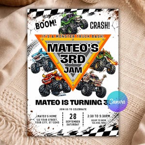 May include: A rectangular party invitation featuring four colorful monster trucks, a large orange triangle, and black and white checkered borders. The text reads BOOM! CRASH! IT'S A MONSTER TRUCK BASH! MATEO'S 3RD JAM, MATEO IS TURNING 3, and event details.