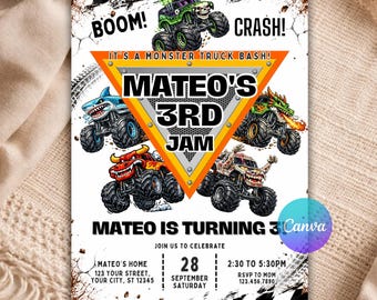 Monster Truck Birthday Invitation Editable Canva Template Monster Truck Jam Party Invite Boys Invitation Printable Instant Download B176