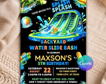 Water Slide Birthday Invitation, Boy Girl Splash Party Invite, Pool Party Editable Template, Backyard Water Bash Birthday Canva B138